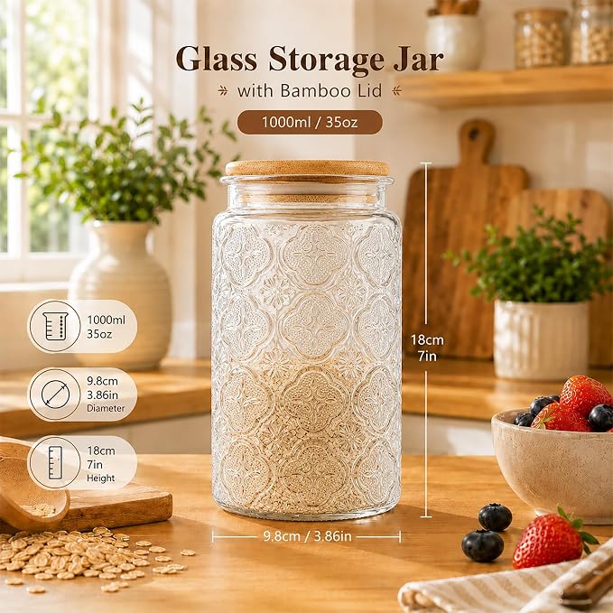 Glass Storage Jars With Airtight Lid, 35oz Canister For Kitchen Counter with Bamboo Lid, brown sugar, candy, coffee, cookie, salt, tea,pantry cute Jar (35oz Large Begonia Flowers) - Image 2