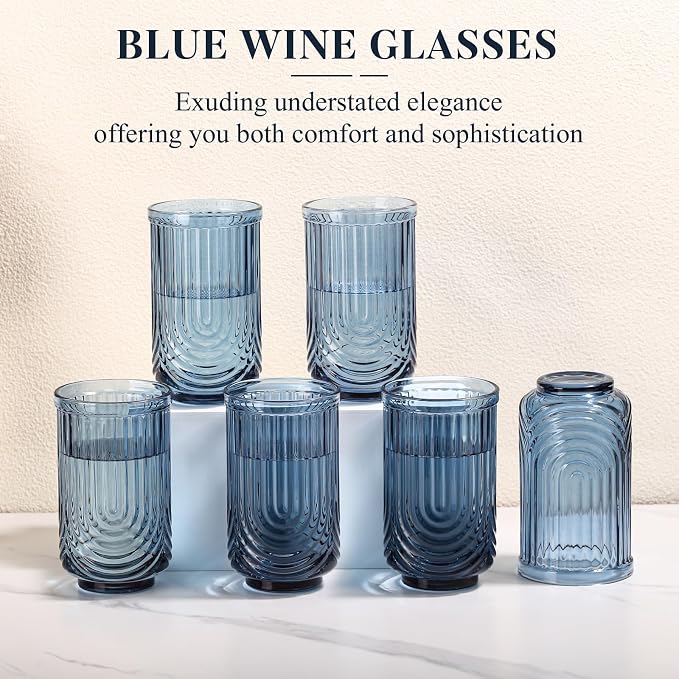 Blue Vintage Drinking Glasses Set of 6-17oz Hand-Blown Highball Ribbed Glassware, Arch Design Cocktail Glasses for Whiskey Water Beverages Ice Coffee Juice Milk - Image 3