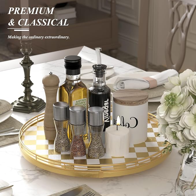 AMH 16-Inch Gold and White Checkerboard Lazy Susan with Rubberwood Base | Smooth rotating oak tray with walnut finish for dining tables, kitchen counters, pantries and cabinet storage. - Image 5