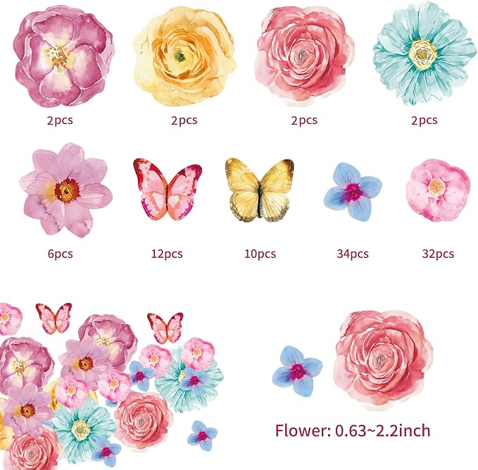 102Pcs Edible Flowers & Butterfly Cake Topper Cupcake Toppers Wafer Paper Wedding Themed Party Birthday Party Decoration Supplies Mixed Size & Colour - Image 6