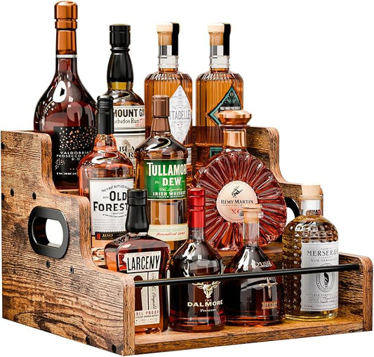 KLM Liquor Bottle Display Shelf, Coffee Syrup Rack Organizer, 3 Step Countertop Liquor Wine Rack, mini bar,liquor cabinet, Home Retro Bar Shelf Stand for Liquor Whiskey, Spirits by KLM