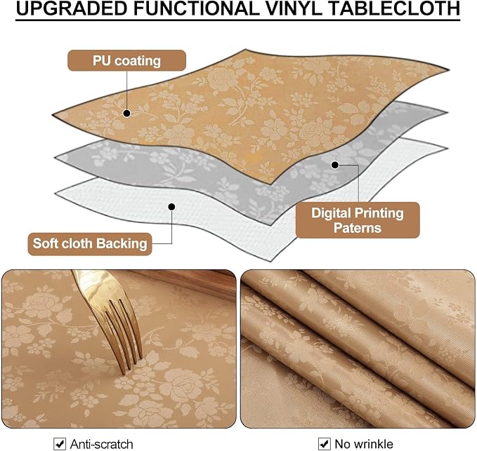 Smiry Rectangle Waterproof Heavy Duty Vinyl Tablecloths, 60 x 102 Inch | Wipeable Washable Floral Embossed Table Cover for Kitchen and Dining Room, Indoor & Outdoor Use, Brown - Image 3