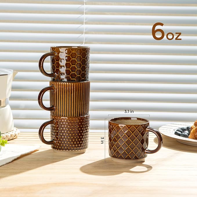 GBhome 6 OZ Stackable Coffee Mugs Set of 4, Ceramic Coffee Cups Set | 4 Assorted Designs, Embossed Mugs with Texture Patterns for Espresso/Tea, Dishwasher&Microwave Safe, Caramel - Image 2