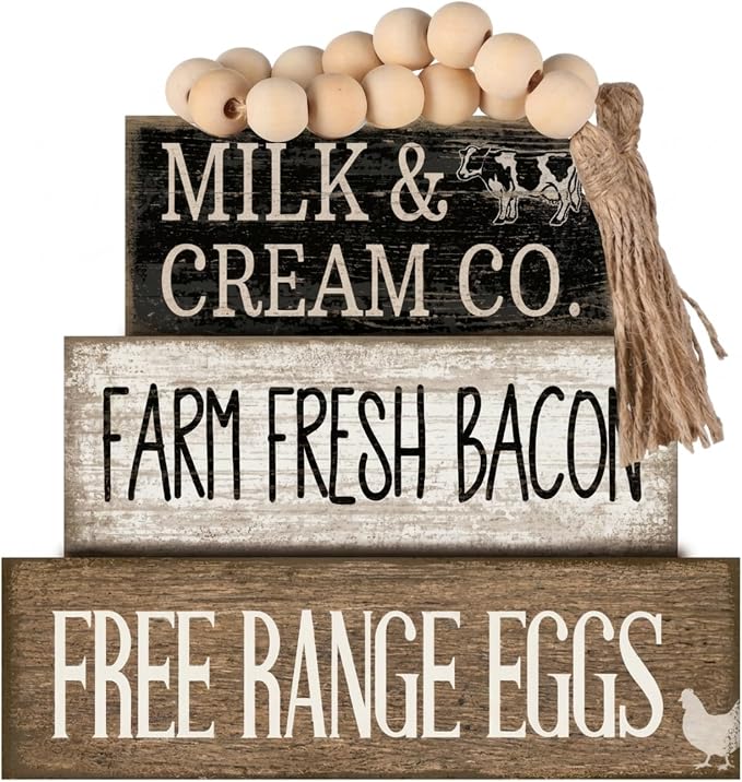 Moucuny 4 Pcs Farm Fresh Farmhouse Table Decor Rustic Farmhouse Stacked Wooden Sign - "Milk & Cream Co. "farm themed Centerpiece Decor with Bead Tassel Housewarming Gifts for Home Kitchen Dining Shelf by Moucuny