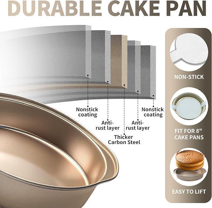 6 Inch Cake Pan, 3PCS Nonstick Round Cake Pans with 50 PCS Parchment Paper, Durable Birthday Circle Cake Baking Pan with Handle for Multi-Layer Cakes, Dishwasher Safe (Gold, 6") - Image 3