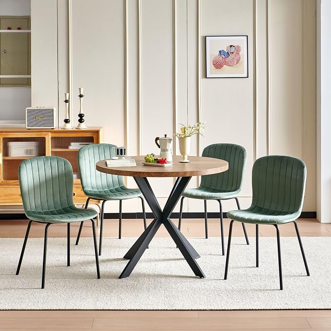 37 Inch Round Dining Table Set for 4, Modern Small Circle Kitchen Coffee Set for Apartment Living Room Office, Save Space(1 Imitation Wooden Table + 4 Green Velvet Chairs) - Image 8