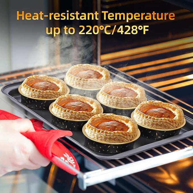 Beasea Pie Tins with Lids 8oz, 120 Pack 4 Inch Disposable Mini Creme Brulee Ramekins Gold Black Small Aluminum Foil Pie Tart Cake Baking Pans Individual Round Containers Oven Safe for Baking - Image 5