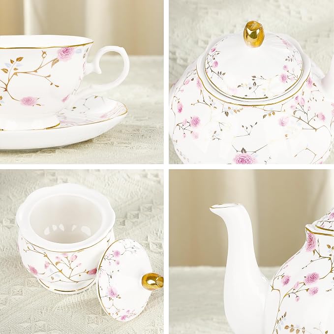 fanquare 21-Piece Gold Vine Floral Porcelain Tea Sets with Sugar Bowl Creamer Teacups, English Bone China Tea Service for Women TeaParty Family Gathering Home Décor | Porcelain Tea Service with Sugar Bowl Creamer Teacups for Women TeaParty Family Gathe... - Image 4