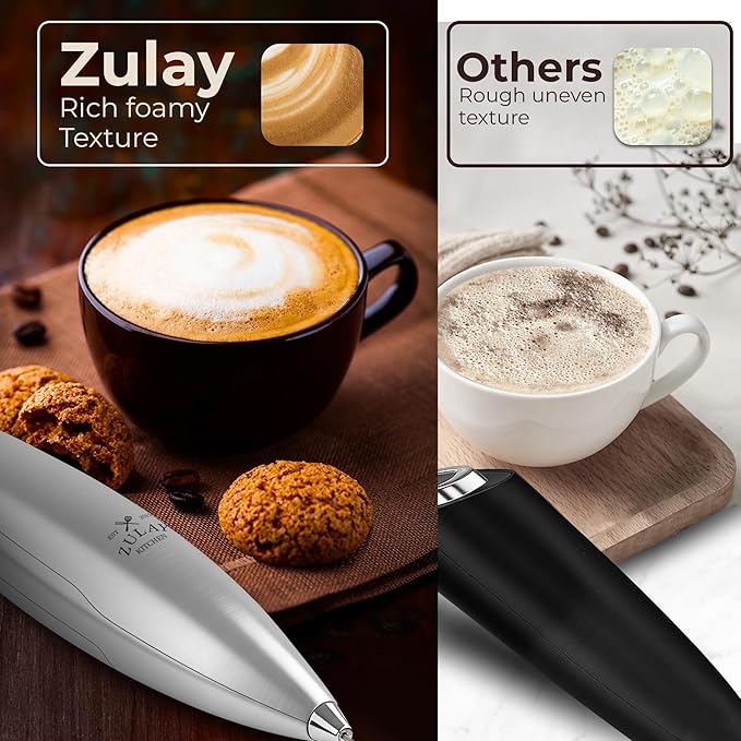 Zulay Kitchen Tornado Whisk Milk Frother with 4 AA Duracell Batteries - Triple Whisk for More Power - Handheld Coffee Frother with Stand - Drink Mixer for Lattes, Matcha & Protein Shakes