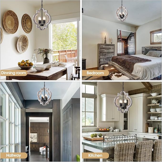 4-Light 15" Farmhouse Orb Chandelier Rustic Handmade Distressed White Wood Hanging Ceiling Pendant Light Fixture Wood Lantern Chandeliers for Dining Room Kitchen Bedroom Foyer Hallway - Image 8