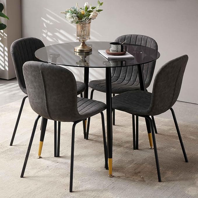 Dining Chairs Set of 4, Modern Mid Century Faux Leather Dining Room Chairs with Black Metal Legs, Comfortable Armless Side Kitchen Chair for Home, Living Room, Bedroom, Restaurant, Dark Grey - Image 4