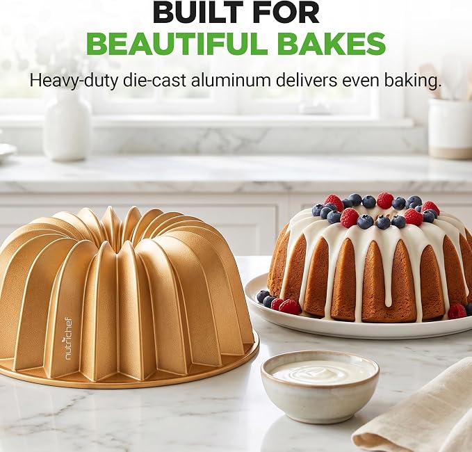 NutriChef Cake Pan - 10 Cups Die Cast Fluted Aluminum Cake Mold, Nonstick for Easy Release and Even Bake, Durable Design, Ideal for Desserts and Casseroles - Image 4