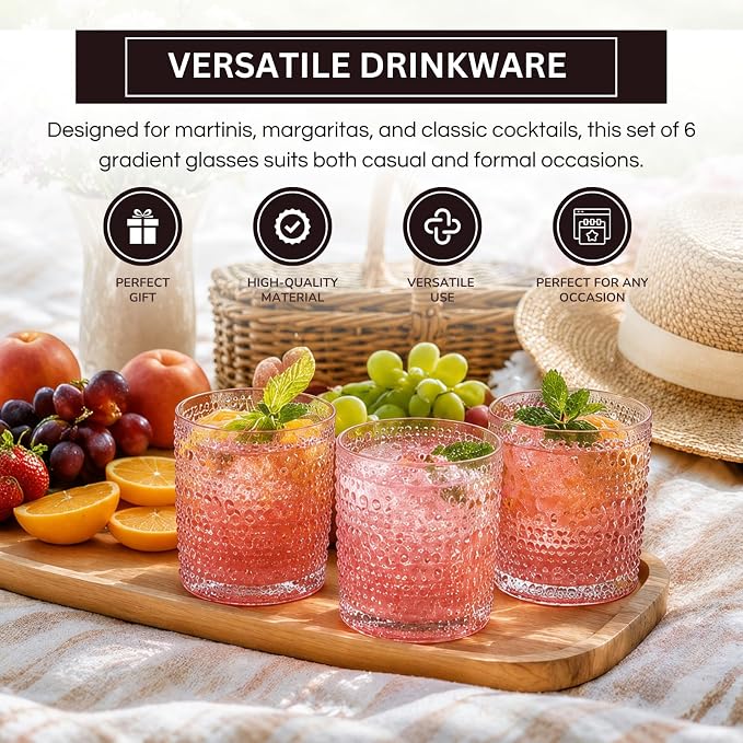 Khen Hobnail Beaded Highball Drinking Tumbler Glasses | Set of 6 | Pastel Pink Color, Vintage Bubble Design Whiskey Glassware, Rocks Glasses - Image 4