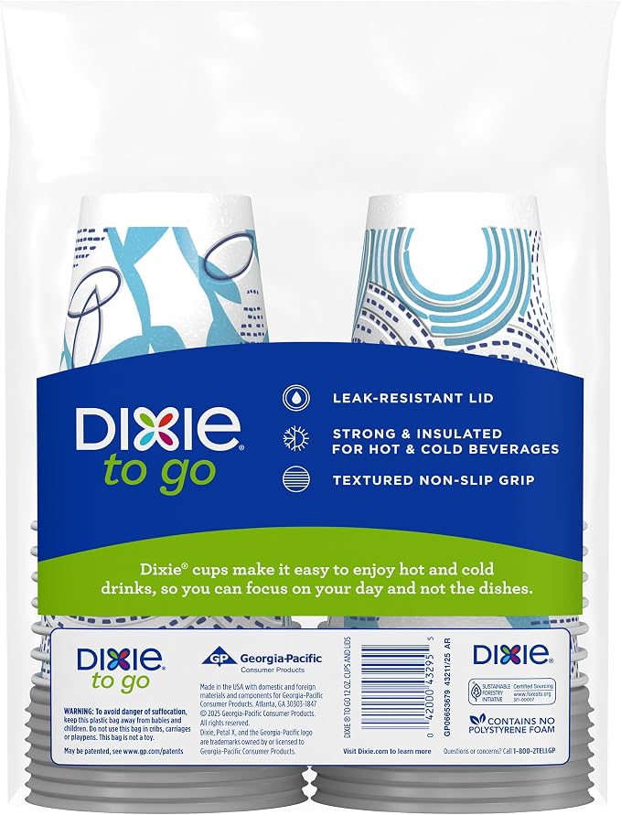 Dixie To Go Paper Coffee Cups With Lids, 12 oz, 14 ct, Disposable Insulated Paper Cups for On-The-Go Hot or Cold Beverages (Pack of 8) - Image 2