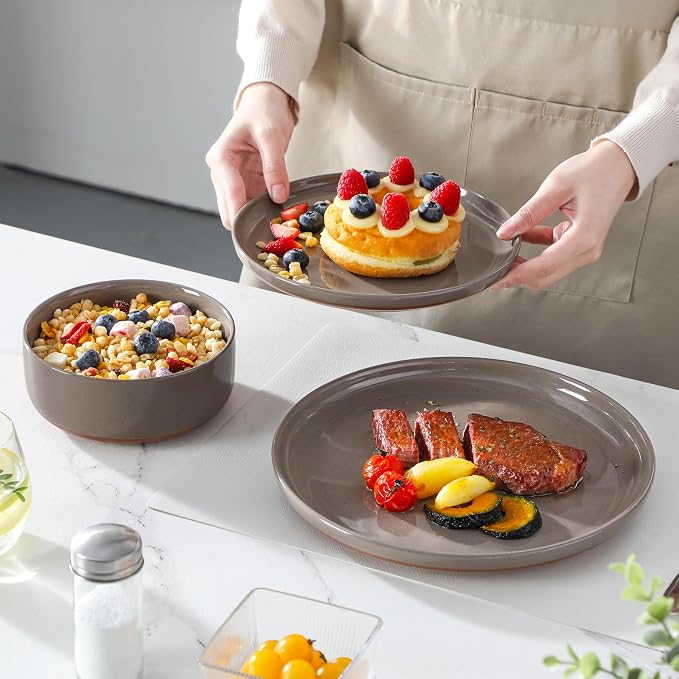 MALACASA Plates and Bowls Sets, 12 Pieces Modern Stoneware Dinnerware Set for 4 Kitchen Dinner Set Ceramic Dishware Dishes Set Microwave and Dishwasher Safe, Brown, Series TARA - Image 6