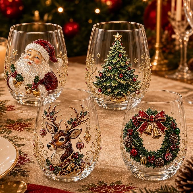 Christmas Wine Glasses, 12oz Stemless Holiday Glassware with Festive Style (Christmas Glasses Set of 4 (B)) by Lifmagic