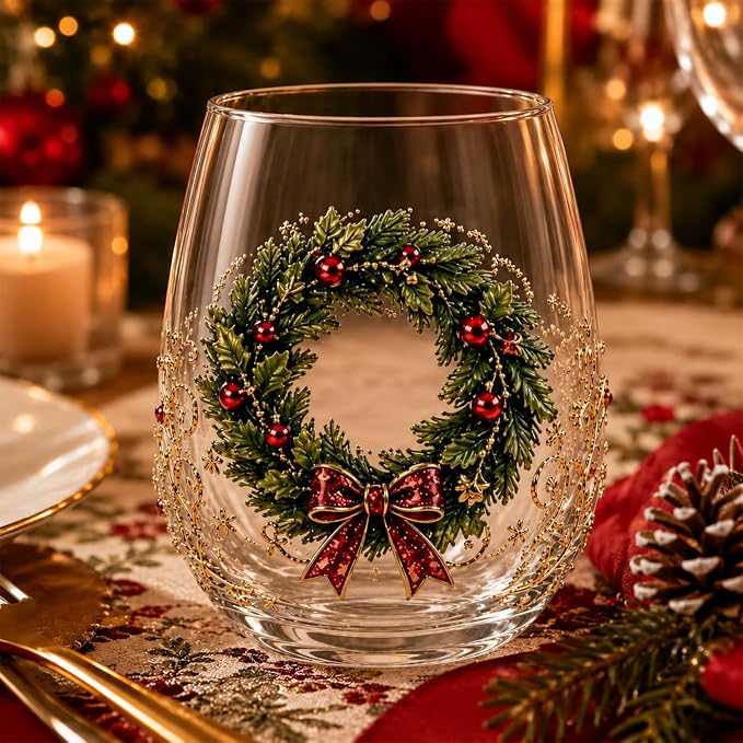 Christmas Wine Glasses, 12oz Stemless Holiday Glassware with Festive Style (Christmas Wreath (A)) by Lifmagic