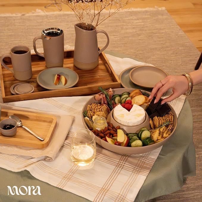 MORA Ceramic Chips and Dip Serving Tray: Large Divided Party Bowl Set for Chips & Salsa, Veggies & Dip, Fruit, Snacks, Entertaining, Hosting, etc. Minimalist Design for the Modern Hostess - Mushroom - Image 6