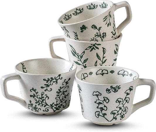 Ceramic Mugs 11 oz Set of 4, Unique Luxurious Stoneware Cups for Coffee Milk Latte Cappuccino Tea, Office Home Kitchen Use, Dishwasher Microwave Freezer Safe, Mixed Green by Noevany