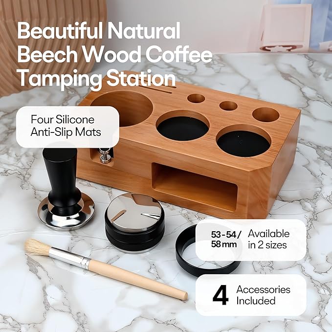 Espresso Tamping Station With Tools - 51, 53, 54 mm - Includes Tamper, Distributor, Dosing Funnel & Brush - Wooden Coffee Tamper Station - Espresso Organizer Portafilter Holder, Gift for Mom Dad Wife