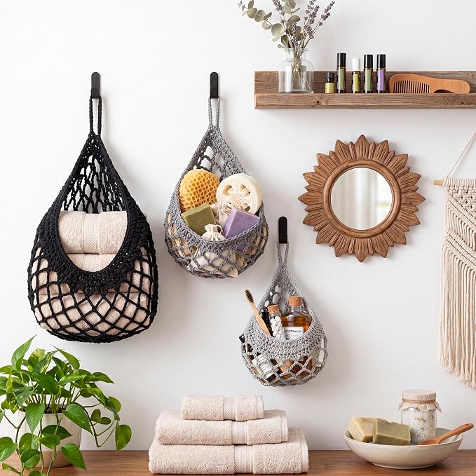 Honeydak Boho Decor Hanging Wall Baskets for Kitchen 3 Pack Teardrop Baskets with Hooks Storage Fruit Onion Vegetable Potato for Home(Light Grey, White, Dark Grey,Crochet,Cotton Rope) - Image 4
