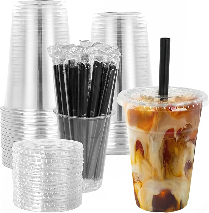 lucdnc 16oz Disposable Clear Plastic Cups with Lids & Straws | 25 Sets, Party Drinking Cups for Milkshakes, Cold Coffee, Smoothies by WelcometoLUCDNC