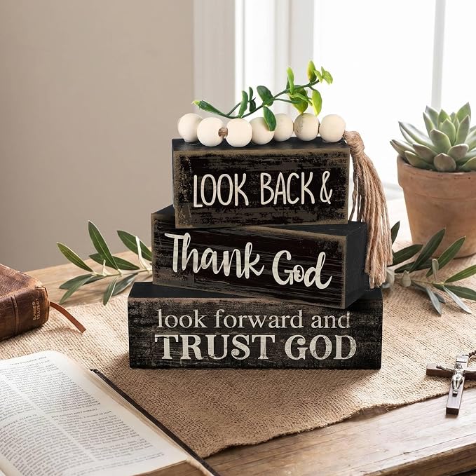 Moucuny 4 Pcs Farmhouse Table Decor Inspirational Wooden Signs Rustic Eucalyptus Leaves Wooden Block Sign Gift Thank and Trust God Farmhouse Table Centerpiece for Living Room Housewarming Gift - Image 7