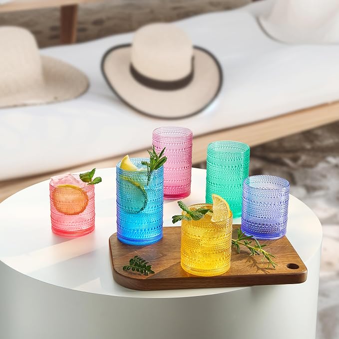Khen Plastic Hobnail Drinking Glasses Set of 12 Bright Tones Cups 6x 10oz Lowball & 6x 1oz Highball Acrylic Beaded Design, BPA-Free, Dishwasher Safe Indoor/Outdoor Drinkware Water, Juice, Cocktails - Image 5