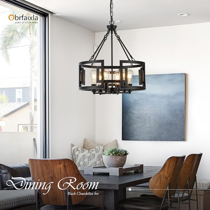 Modern 19.7" Black Chandelier for Dining Room Industrial Vintage Semi Flush Mount 6-Light Round Pendant Ceiling Light Fixture for Kitchen Bedroom Living Room Hallway Entryway Foyer - Image 3