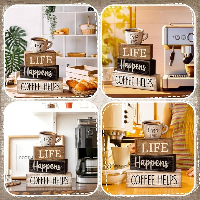 Moucuny 4 Pcs Farmhouse Coffee Bar Table Decor Vintage Wooden Stacked Block Sign - 'life Happens Coffee Helps' Table Centerpiece Rustic Wood Bar Sign Gift for Home Kitchen Shelf Tiered Tray Decor - Image 5