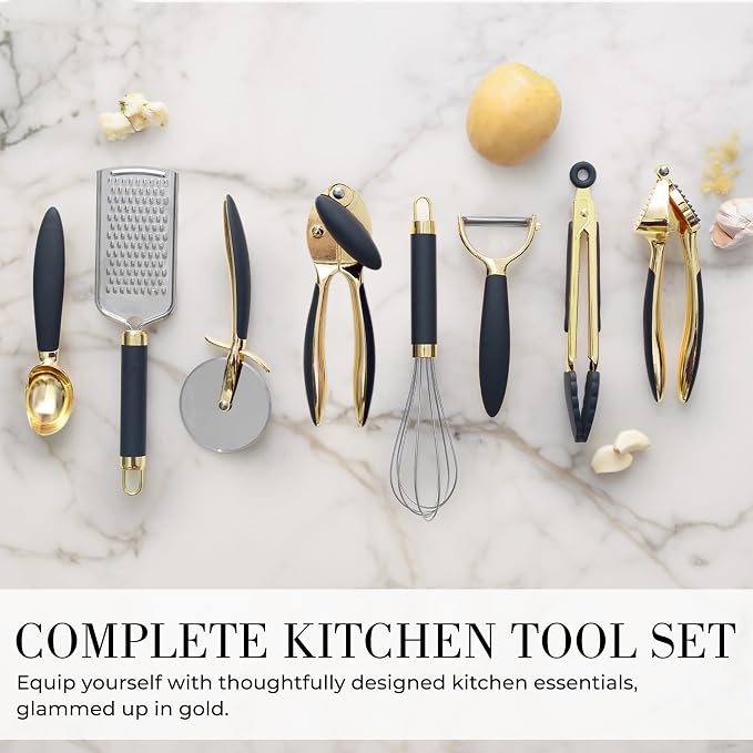 Styled Settings Black and Gold Kitchen Utensils, 8-Piece, Black & Gold | 8-Piece Gold Kitchen Tools Set with Can, Pizza Cutter, Peeler, Mini Whisk, and Tongs - Image 7