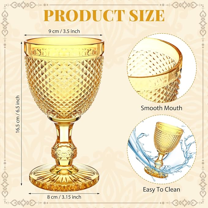 Bokon 6 Pack Amber Glass Goblets Set 10 oz High Clear Wine Glass Vintage Water Goblets Cups Embossed Diamond Design Glassware with Stem for Drinking Juice Liquor Party Wedding Bar - Image 2