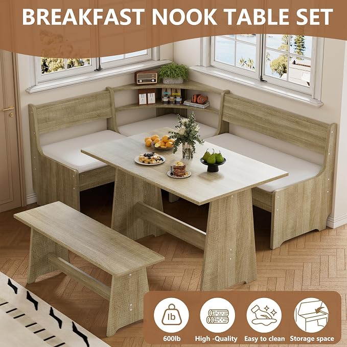 PAKASEPT Corner Breakfast Nook Table Set Kitchen Bench with Soft Cushion | Farmhouse Wood Dining Set,Reversible L-Shaped Corner Bench,Lift-Top Hidden Storage,Soft Padded Cushions,Space-Saving Design - Image 6