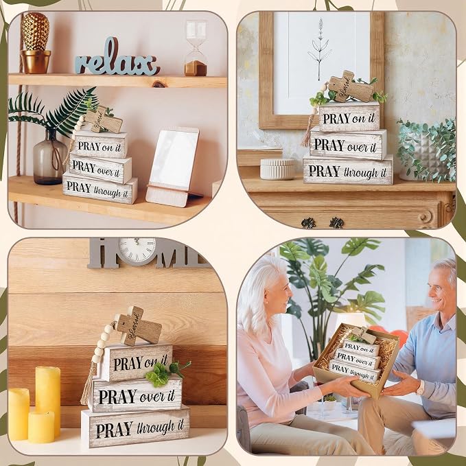 Moucuny 4 Pcs Christian Table Decor Wooden Cross Wooden Bible Verse Sign Inspirational Religious Christian Centerpiece Pray Block Signs Farmhouse Table Decoration for Mother's Day - Image 5