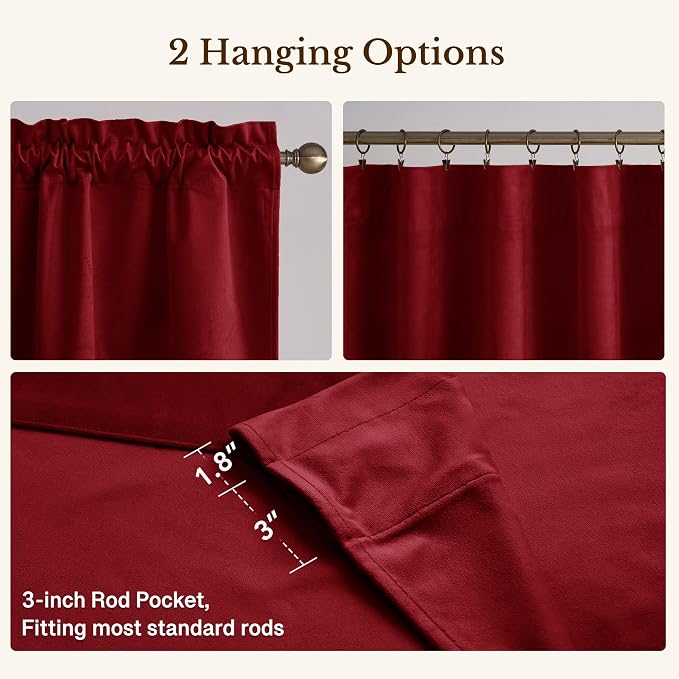 Red Christmas Velvet Window Valance 52x18 Inch 4-Panel Set | Soft Wavy Kitchen Curtains for Windows, Luxury Fabric Aesthetic Window Treatment for Bay Window, Living Room - Image 4