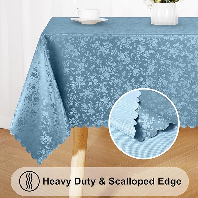 Smiry Rectangle Waterproof Heavy Duty Vinyl Tablecloths, 70 x 90 Inch | Wipeable Washable Floral Embossed Table Cover for Kitchen and Dining Room, Indoor & Outdoor Use, Stone Blue - Image 3