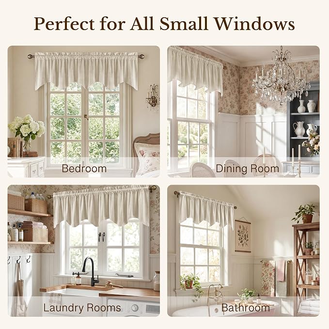 Beige Window Valance Curtains 52x18 Inch 1 Panel | Luxury Velvet Wavy Scalloped Window Treatment, Versatile Small Window Drapes for Kitchen, Bathroom, RV, Living Room - Image 6