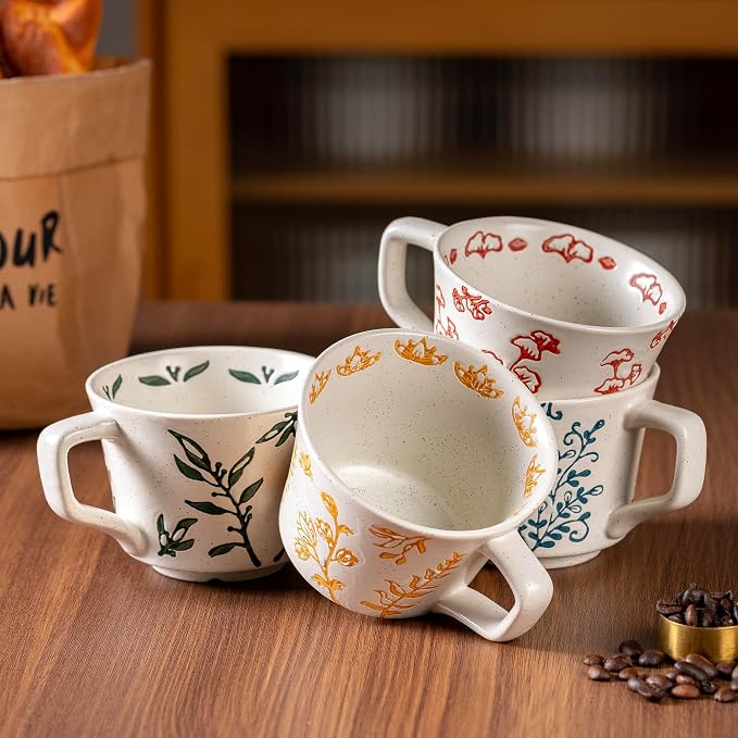 Ceramic Mugs 11 oz Unique Luxurious Cups Set of 4, Mug for Coffee Milk Latte Cappuccino Tea, Office Home Kitchen Use, Dishwasher Birthday Gift Microwave Freezer Safe Stoneware Mixed - Image 2