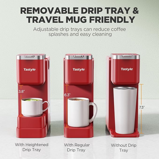 Tastyle Single Serve Coffee Maker with Built-in Detachable Milk Frother | For K Cups & Grounds, 40oz Removable Water Tank, 6 Brew Sizes, 2 Drip Trays, BPA Free, Fits 7.3" Travel Mug, K330MF, Red - Image 7