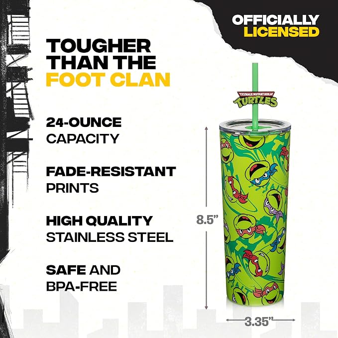 Dragon Glassware x Teenage Mutant Ninja Turtles Insulated Tumbler, 24 oz | Vacuum Insulated Stainless Steel Tumbler with Straw & Lid; Double Walled TMNT Tumbler with Straw Topper; Ninja Turtle Cup - Image 3