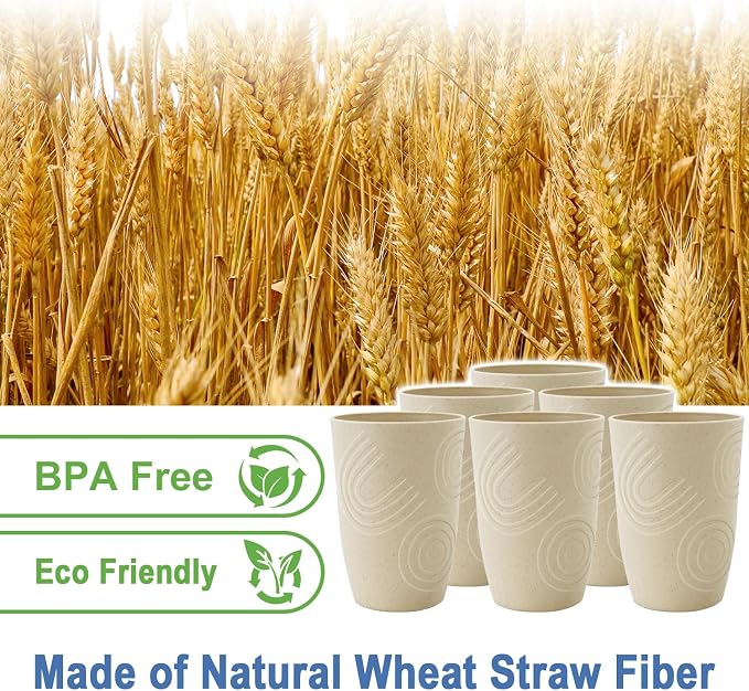 Wheat Straw Cups 6 PCS - 16 OZ Cup Set, Unbreakable Drinking Glasses, Kids Cup Set for Kitchen, Alternative to Plastic Cups Reusable Dishwasher Safe Water Tumbler (Beige) - Image 2