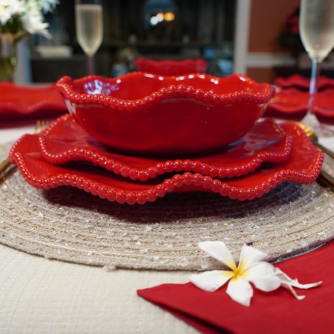 Perlette Red Melamine Dinnerware Set – 12-Piece Scalloped Plates & Bowls, Vibrant Glossy Finish, Elegant Beaded Rim, Durable & Lightweight – Service for 4, Indoor/Outdoor Use - Image 6
