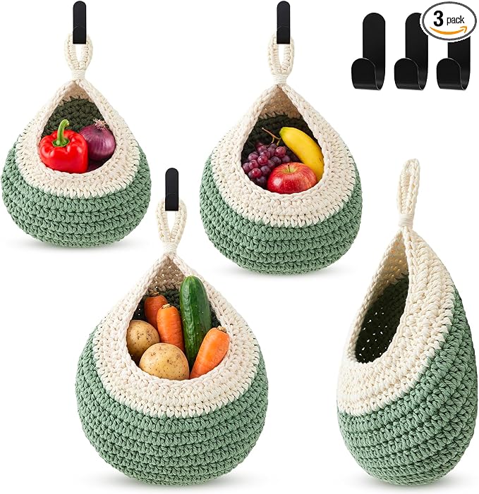 Honeydak Boho Decor Hanging Wall Baskets for Kitchen 3 Pack Teardrop Baskets with Hooks Storage Fruit Onion Vegetable Potato for Home 3 Sizes(White with Sage Green,Teardrop,Cotton Rope) by Honeydak