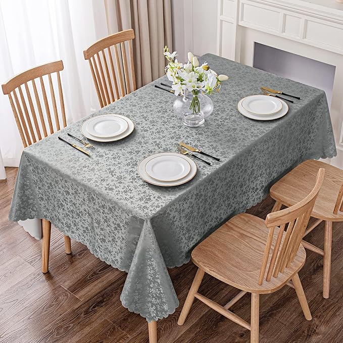 Smiry Rectangle Waterproof Heavy Duty Vinyl Tablecloths, 70 x 108 Inch | Wipeable Washable Floral Embossed Table Cover for Kitchen and Dining Room, Indoor & Outdoor Use, Grey - Image 2