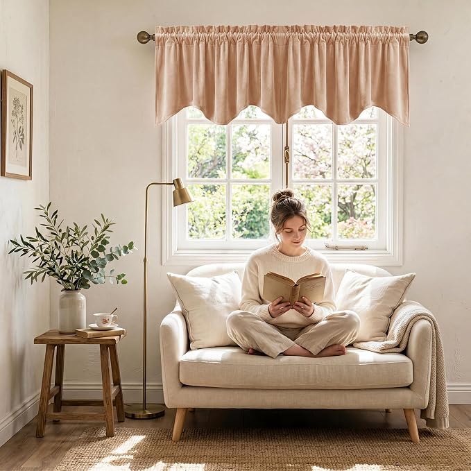 Blush Beige Velvet Window Valance 52x18 Inch 1 Panel | Soft Wavy Scalloped Window Treatment for Kitchen Small Windows, Elegant Half Window Drape for Bathroom, Cabinet - Image 3