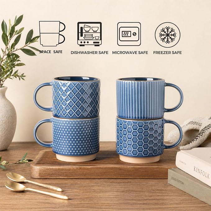 GBhome 12 OZ Stackable Coffee Mugs, Ceramic Coffee Mugs with Texture Patterns for Man,Woman,Dad,Mom, Modern Coffee Cups Set of 4 for Latte/Cappuccino/Cocoa. Dishwasher&Microwave Safe | 4 Assorted Designs, Embossed Mugs with Texture Patterns for Tea/Cof... - Image 7