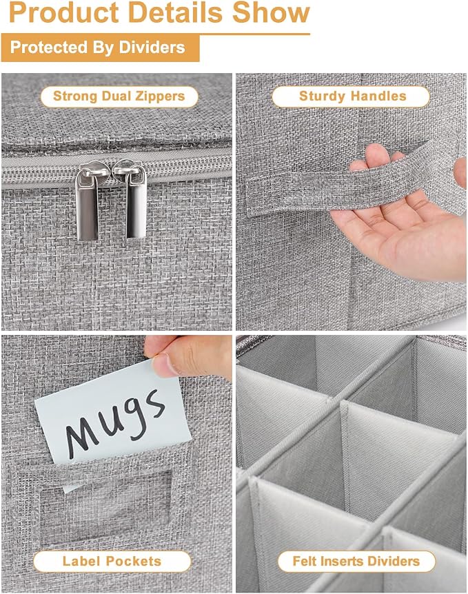 punemi Mug Storage Organizer, 2-Pack Hard Shell Boxes for Packing & Moving | Hard shell sides and bottom with padded dividers for a set of 12 mugs or tea cups; stackable for packing and moving - Image 6