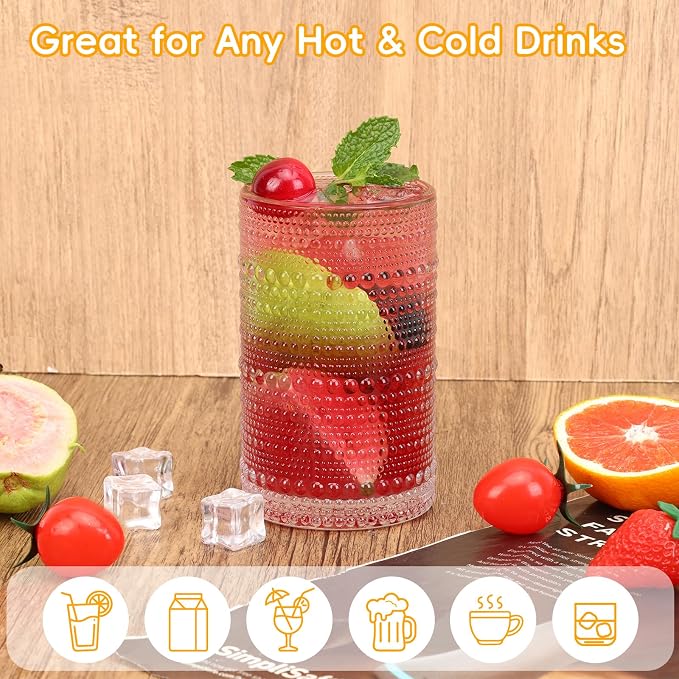 Moretoes Hobnail Drinking Glasses Set of 6, Vintage Water Glass Cups | 12 Oz Highball Glasses & 10 Oz Cocktail Glasses, Clear Embossed Boho Kitchen Bar Tumbler for Whiskey, Beer, Juice, Milk - Image 4
