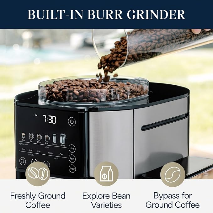 De'Longhi TrueBrew Drip Coffee Maker, Grinder, 8 to 40 oz, Built-In Grinder | #1 Worldwide Espresso Machine Maker, Built-in Grinder, 40 oz Coffee Pot, 5 Brew Styles, 6 Brew Sizes, One-Touch Simplicity - Image 5