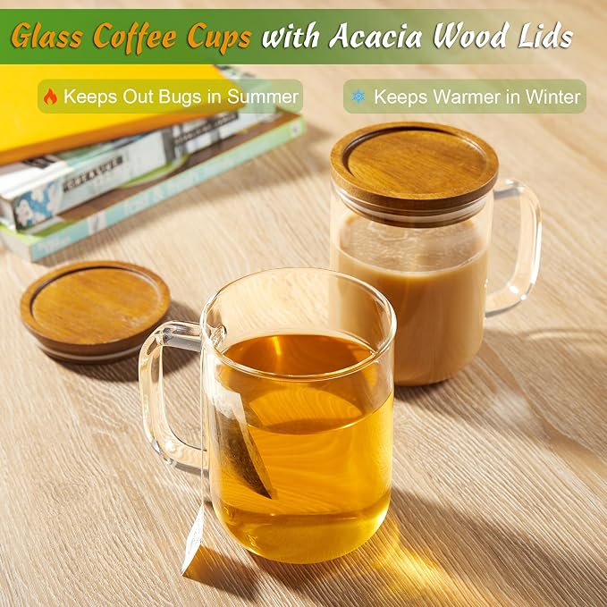 DRASTAR Glass Coffee Mugs,Clear Coffee Cups, 20 oz Coffee Mug with Acacia Wood Lid, Tea Glass Cups with Handles, Large Coffee Mug Set of 1, Glass Coffee Cups for Latte, Espresso, Tea - Image 4